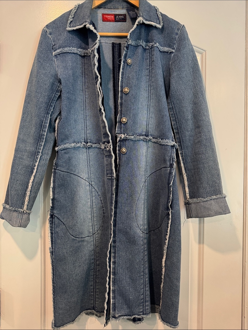 Vintage Younique Original Jeans Denim Blue Frayed-Trim Mid-Length Jacket Sz Med